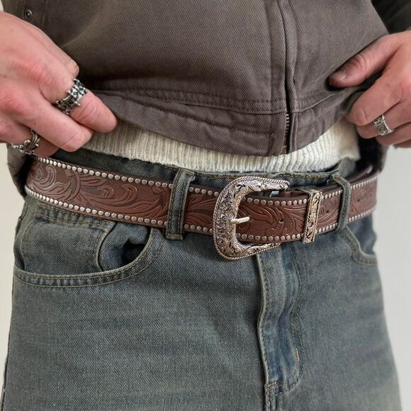 y2k western brown studded floral cowboy boho belt - Picture 3 of 11